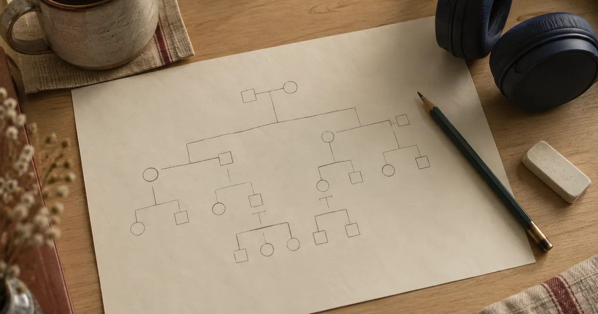 Feuille de papier crème sur laquelle un schéma de famille est dessiné au crayon, à côté d’un casque audio bleu, d’une tasse et d’une gomme