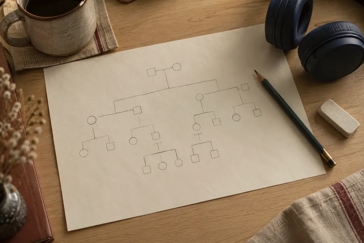Feuille de papier crème sur laquelle un schéma de famille est dessiné au crayon, à côté d’un casque audio bleu, d’une tasse et d’une gomme